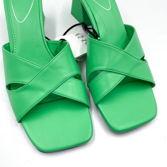 Zara‎ Sandals Green Criss Cross Mules Square Toe Block Heel Sz 40 / 9.5 - Picture 4 of 8
